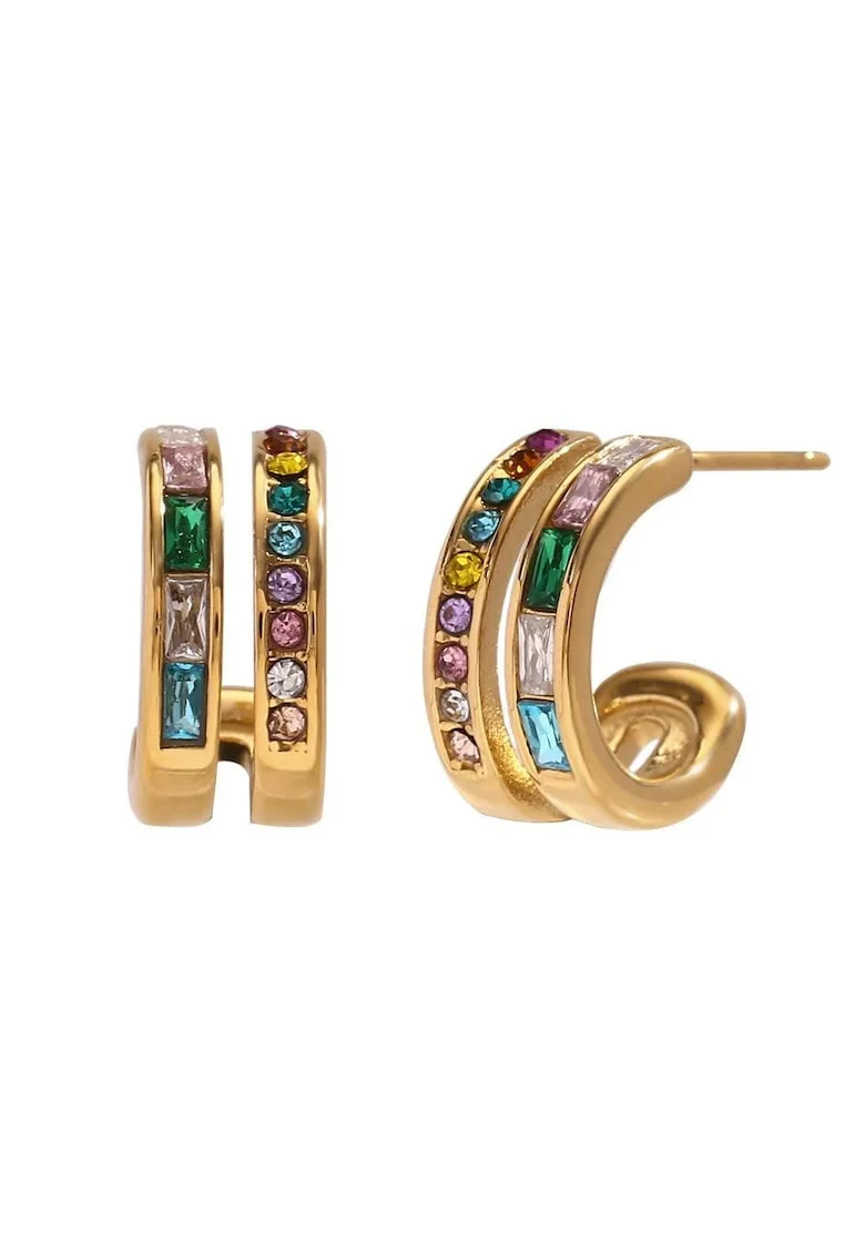 Cercei aurii, din otel inoxidabil, cu pietre colorate din zirconiu, suflati cu aur 18k, Gabriela C1