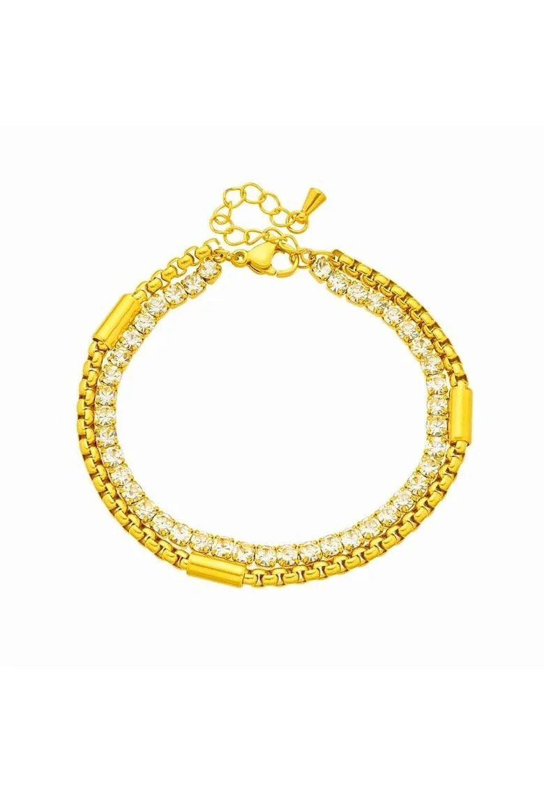Bratara aurie, din otel inoxidabil, suflata cu aur 18k, dubla, tennis, cu din