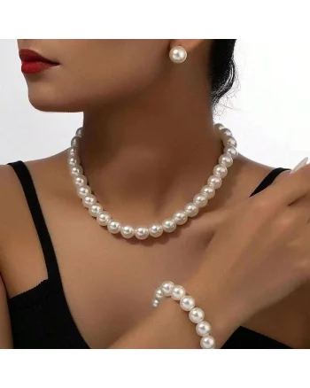 Set colier, bratara si cercei, argintiu, cu perle, Aleksi C26