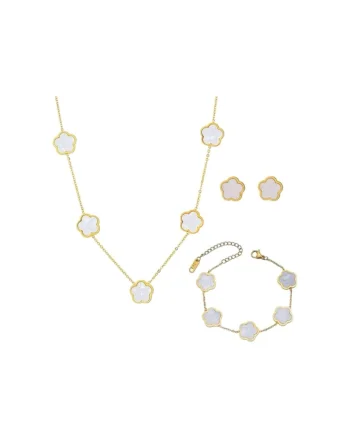 Set colier, bratara si cercei, auriu, cu floricele albe, Aarni C16