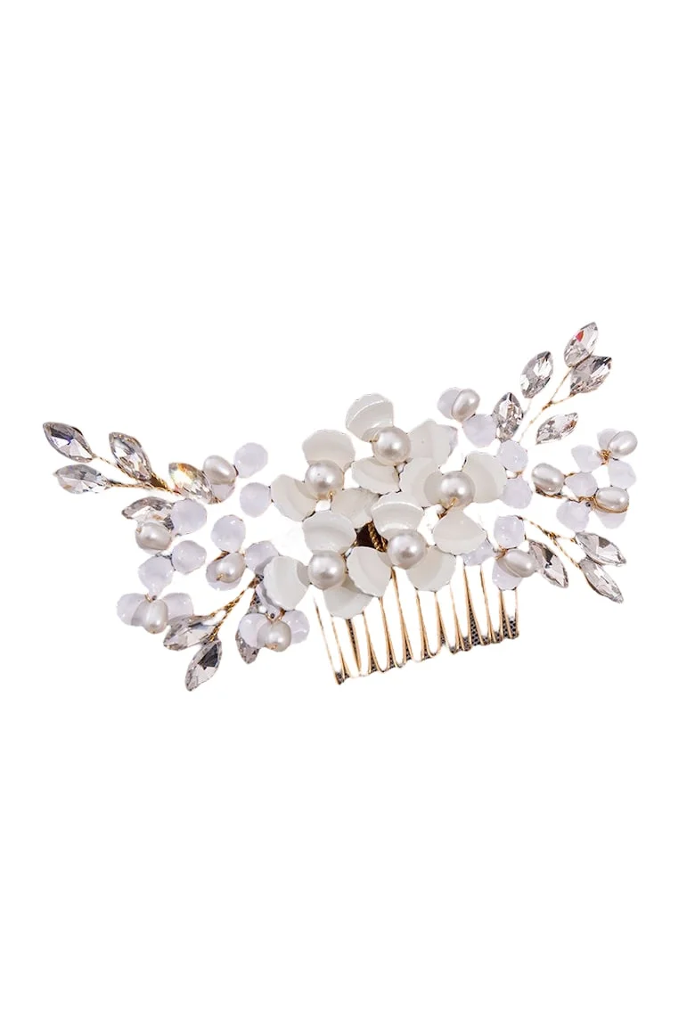 Accesoriu de par, auriu, cu flori, perle si pietre, Gundina C3,