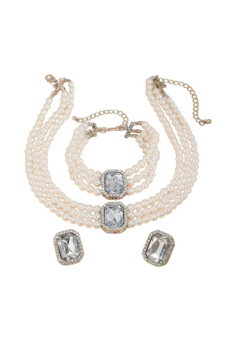 Set colier choker, cercei si bratara, argintiu, cu perle si pietre, Ruddy C4