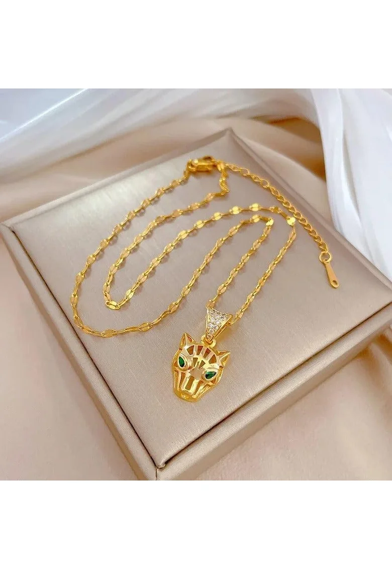 Colier auriu, din otel inoxidabil, cu pandantiv leopard si pietre, suflat cu aur 18k, Berta C12