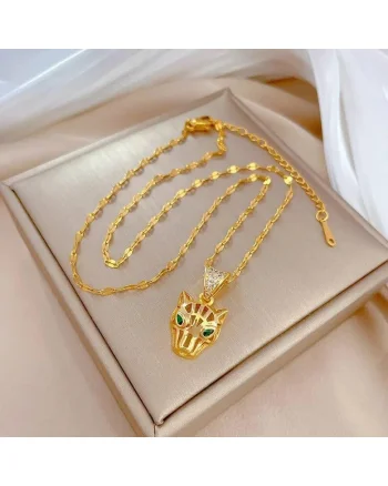 Colier auriu, din otel inoxidabil, cu pandantiv leopard si pietre, suflat cu aur 18k, Berta C12
