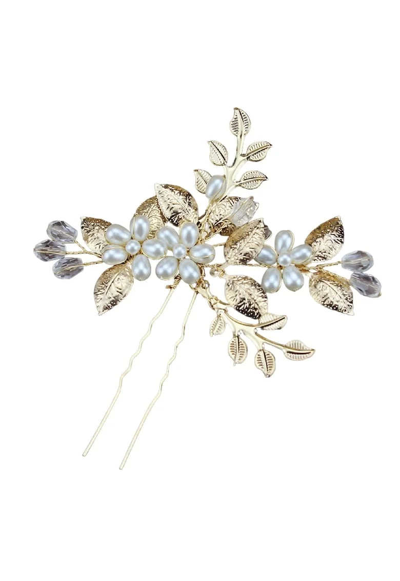 Accesoriu de par, auriu, tip ac, cu frunzulite si perle, Cris C10,
