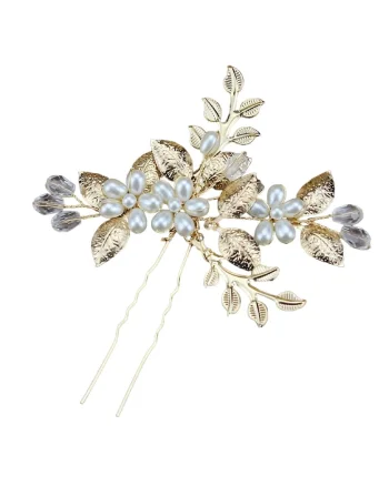 Accesoriu de par, auriu, tip ac, cu frunzulite si perle, Cris C10,