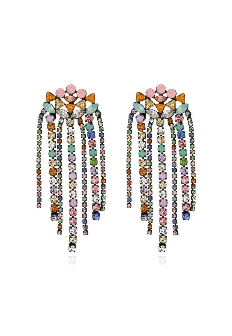 Cercei argintii, lungi, cu franjuri si pietre multicolore, Cesar C3,