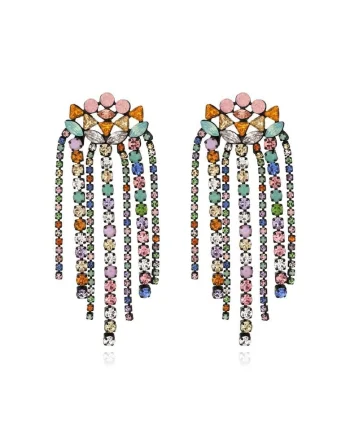 Cercei argintii, lungi, cu franjuri si pietre multicolore, Cesar C3,