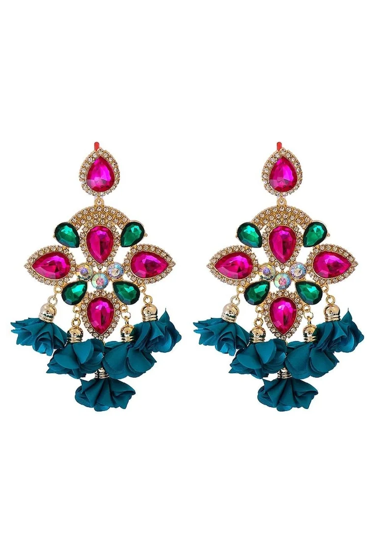 Cercei aurii, stil flamenco, cu pietre roz si flori turquoise, Henka C5