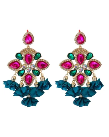 Cercei aurii, stil flamenco, cu pietre roz si flori turquoise, Henka C5