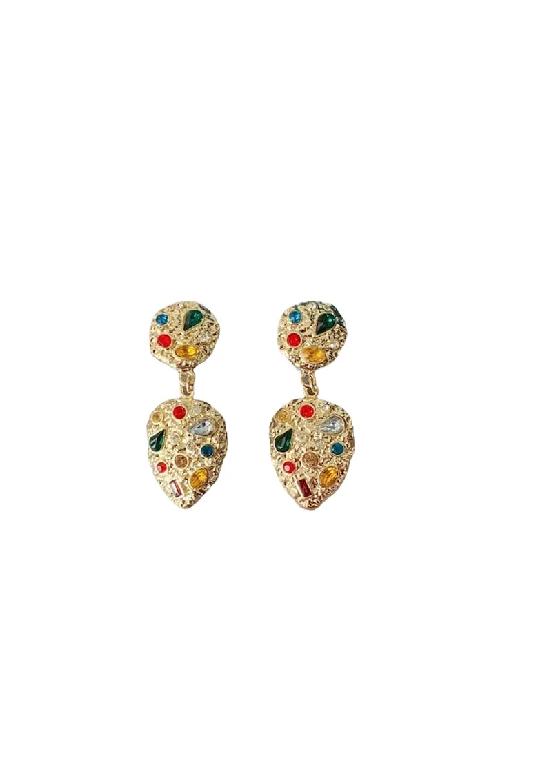 Cercei aurii, cu clips, textura incretita, cu pietre multicolore, Eldora C3,