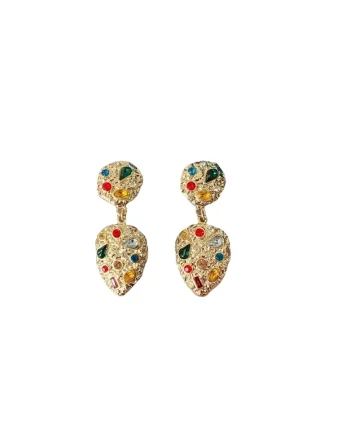 Cercei aurii, cu clips, textura incretita, cu pietre multicolore, Eldora C3,