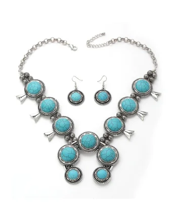Set colier si cercei, argintiu, masiv, cu pietre turquoise, Hilvor C1,
