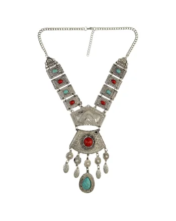 Colier argintiu, cu pietre rosii si turquoise, Saron C12,