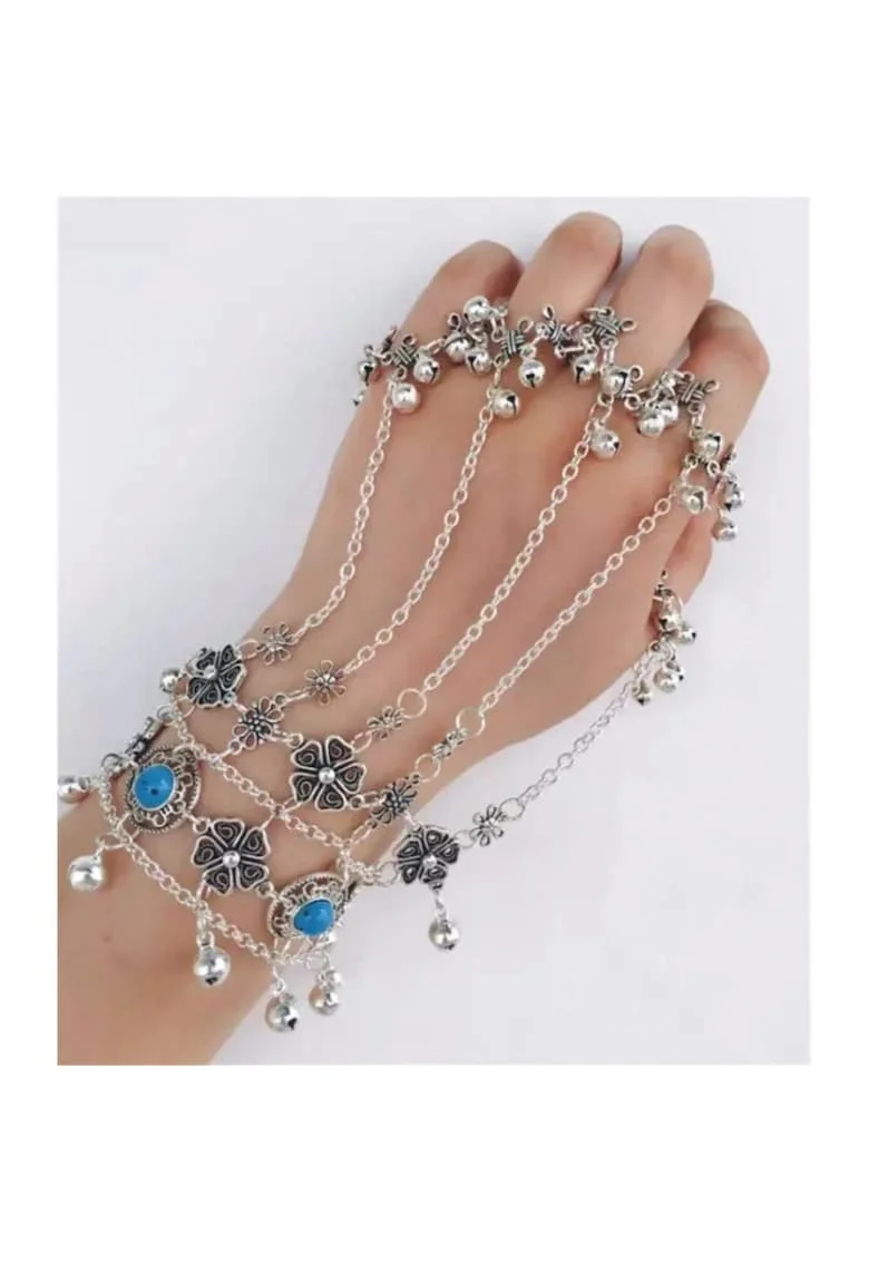 Bratara argintie, cu inele reglabile si pietre turquoise, Elsamaria C10,