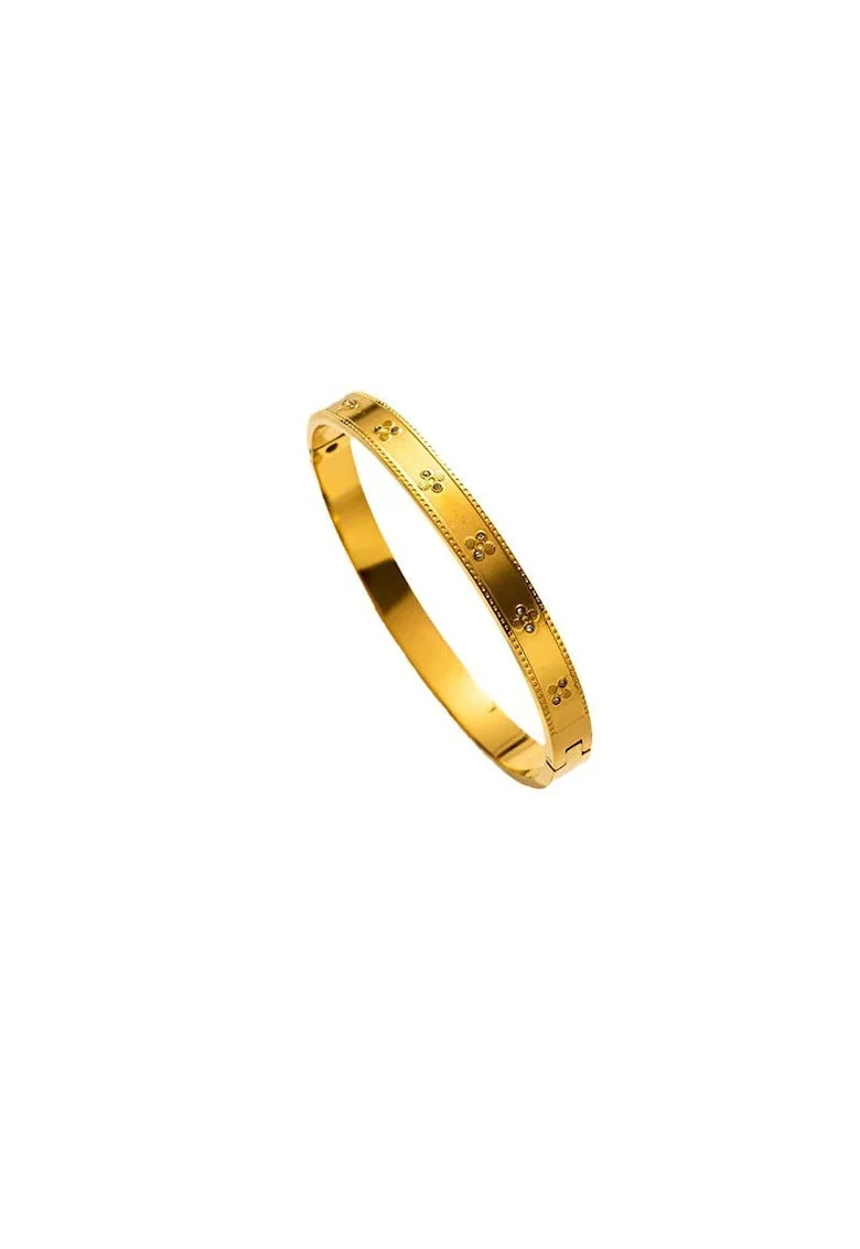 Bratara aurie, din otel inoxidabil, suflata cu aur 18k, tip bangle, cu pietricele, Isalin C5