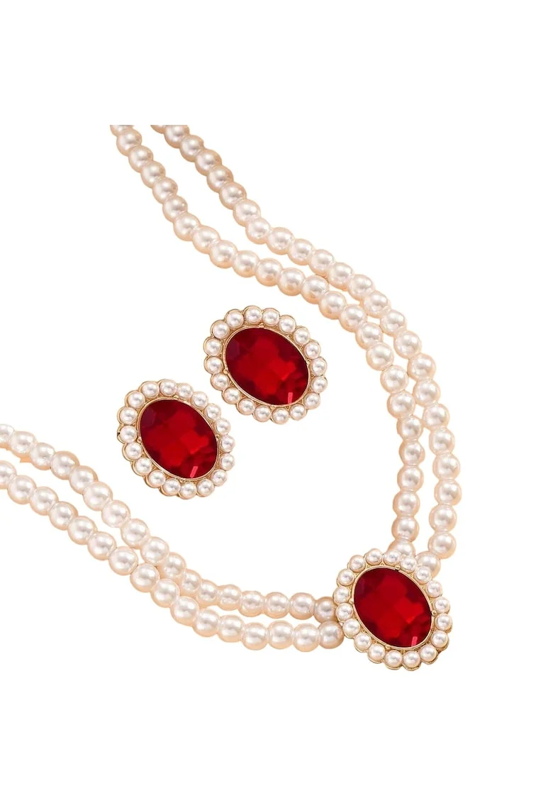 Set colier choker si cercei, auriu, cu perle si pietre rosii, Osa C5