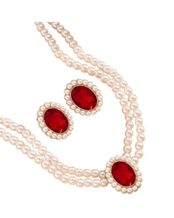 Set colier choker si cercei, auriu, cu perle si pietre rosii, Osa C5