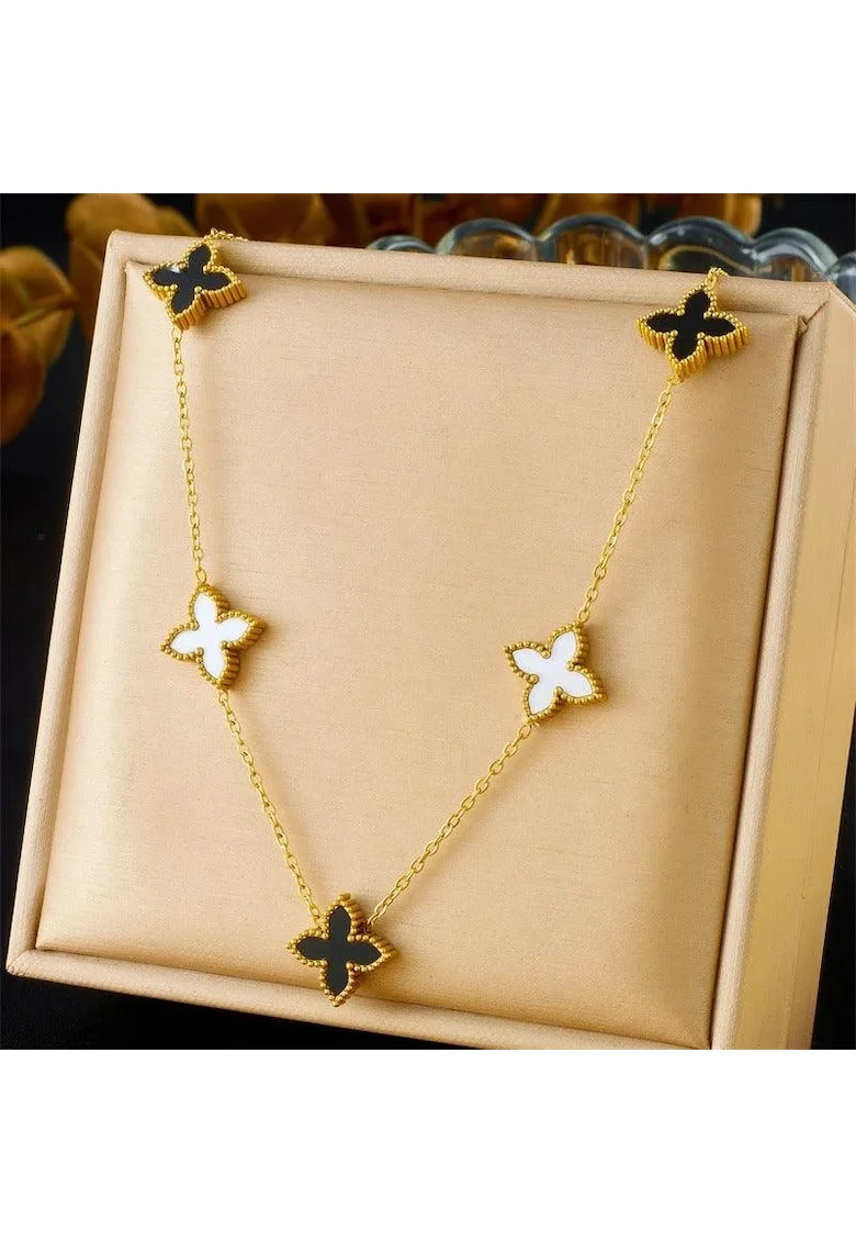 Colier auriu, din otel inoxidabil, suflat cu aur 18k, cu floricele norocoase, Dikka C9