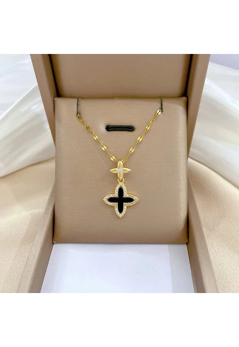 Colier auriu, din otel inoxidabil, suflat cu aur 18k, cu trifoi si pietre din zirconiu, Hilary C3