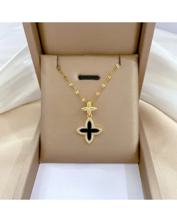 Colier auriu, din otel inoxidabil, suflat cu aur 18k, cu trifoi si pietre din zirconiu, Hilary C3
