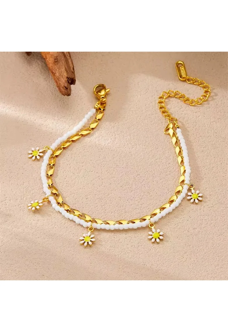 Bratara de picior, aurie, din otel inoxidabil, suflata cu aur 18k, cu margelute si floricele, Afrodite C4