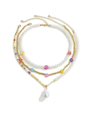 Set 3 coliere, aurii, cu perle si margelute colorate, Karda C1,