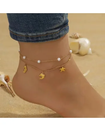 Bratara de picior, aurie, din otel inoxidabil, suflata cu aur 18k, cu motive marine si perlute, Adama C4
