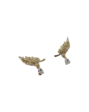 Cercei aurii, suflati cu aur 14 k, forma de frunza, cu pietre din zirconiu, Letha C4,