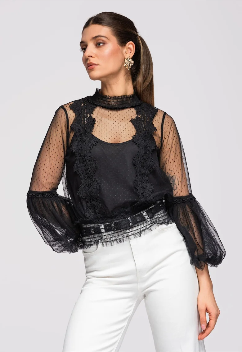 Bluze dama scurte cu inalta si maneci lungi slim fit OW-SE-E0001, Negru