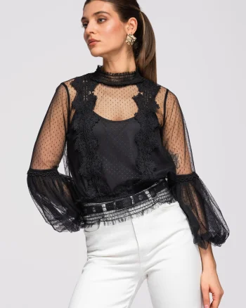 Bluze dama scurte cu inalta si maneci lungi slim fit OW-SE-E0001, Negru
