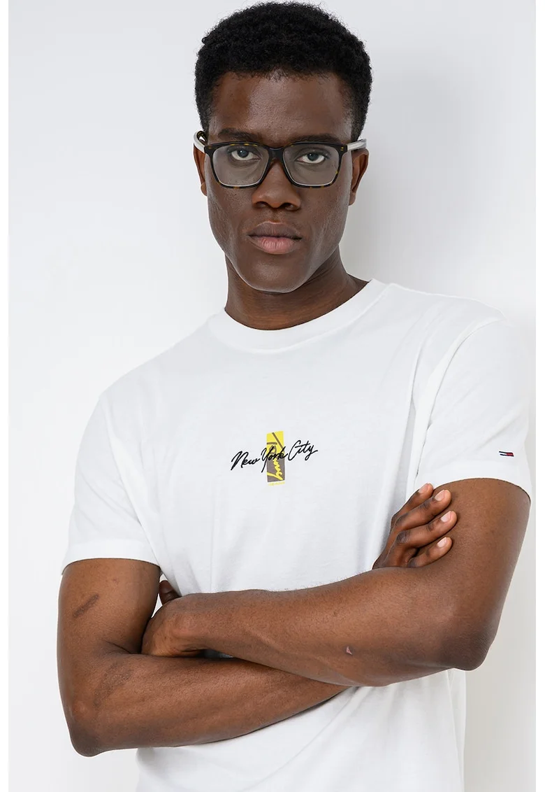 Tricou din bumbac cu decolteu la baza gatului si logo, Negru/Alb murdar