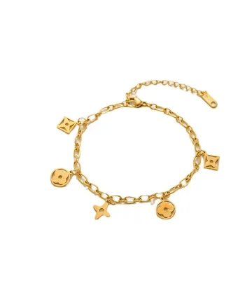 Bratara aurie, din otel inoxidabil, suflata cu aur 18k, cu zale si piese diverse, Janeke C5