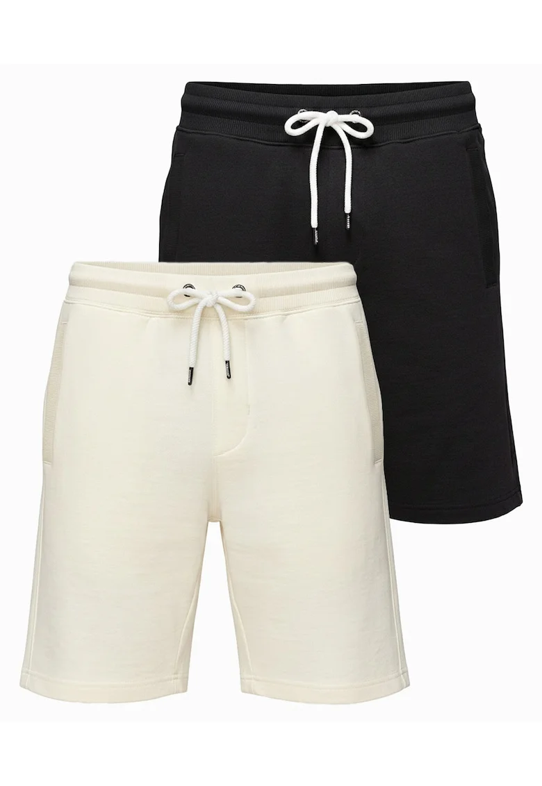 Pantaloni scurti barbati din bumbac, croi lejer, cu elastic si snur de ajustare, Negru/Crem