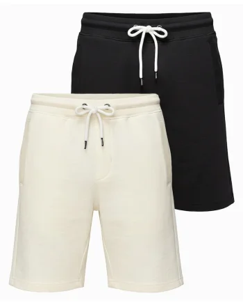 Pantaloni scurti barbati din bumbac, croi lejer, cu elastic si snur de ajustare, Negru/Crem