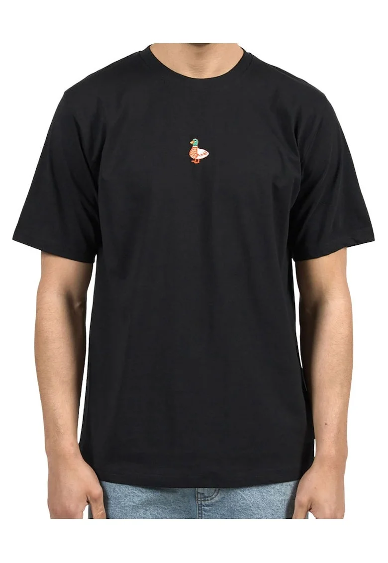Tricou relaxed fit cu detaliu frontal brodat si imprimeu pe partea din spate Duck My Sick,