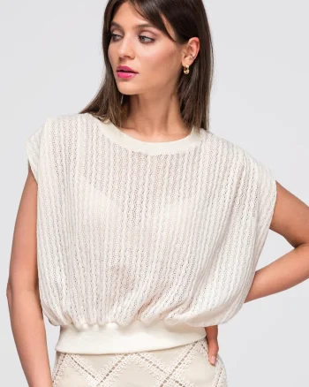 Bluza dama scurta cu guler rotund si detalii asezate OW-TS-E0045, Ecru