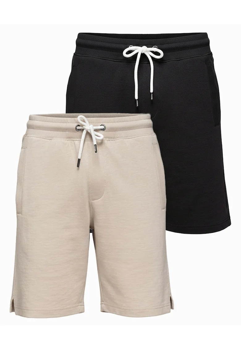 Pantaloni scurti barbati din bumbac, croi lejer, cu elastic si snur de ajustare, Negru/Bej deschis