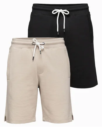 Pantaloni scurti barbati din bumbac, croi lejer, cu elastic si snur de ajustare, Negru/Bej deschis
