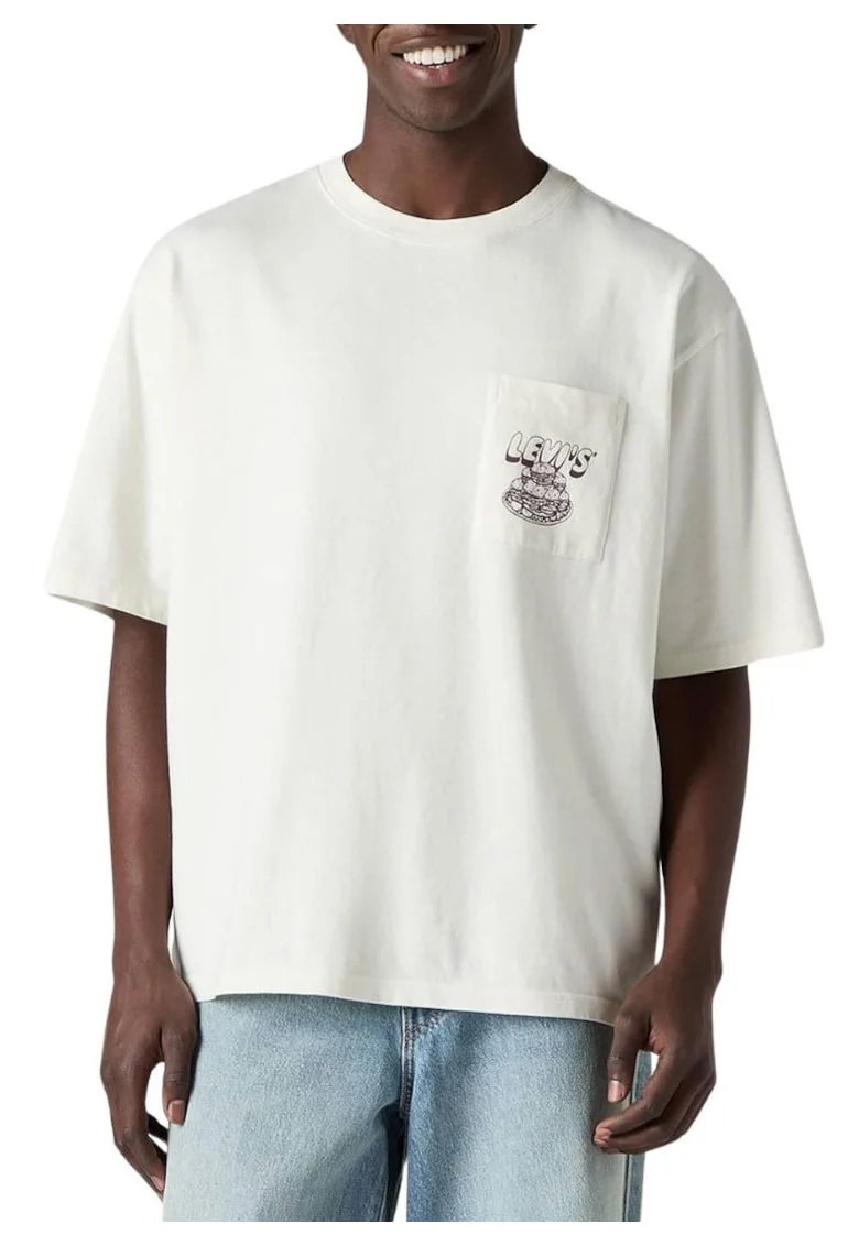 Tricou din bumbac cu croila lejera, buzunar frontal, si imprimeu pe partea din spate
