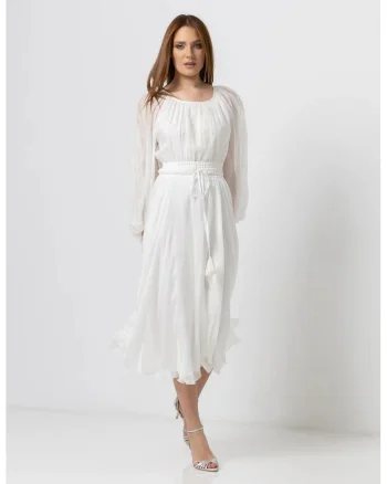 Rochie midi din voal de matase cu insertii macrame si talie reglabila