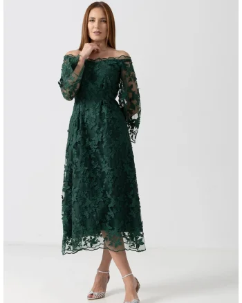 Rochie midi din tulle verde cu umeri decupati