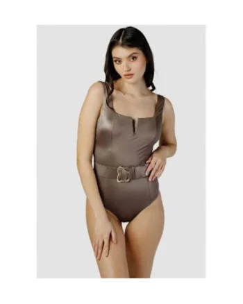 Costum de baie intreg cu decolteu patrat si curea in talie, Maro