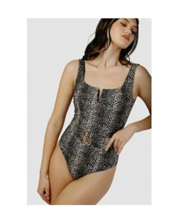 Costum de baie intreg cu decolteu patrat si curea in talie, Multicolor