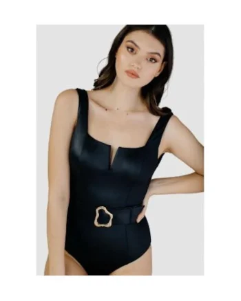 Costum de baie intreg cu decolteu patrat si curea in talie, Negru