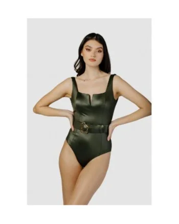 Costum de baie intreg cu decolteu patrat si curea in talie, Verde