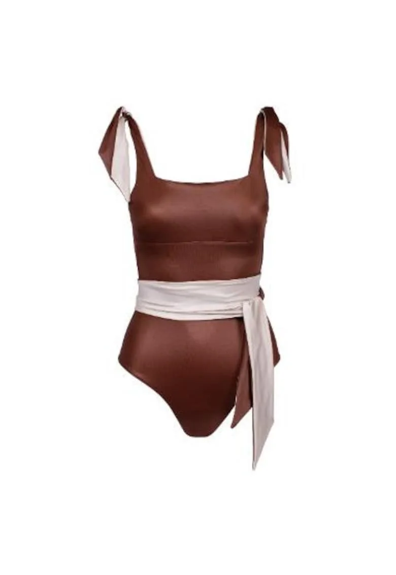 costum de baie intreg reversibil cu decolteu fata si spate patrat, Maro