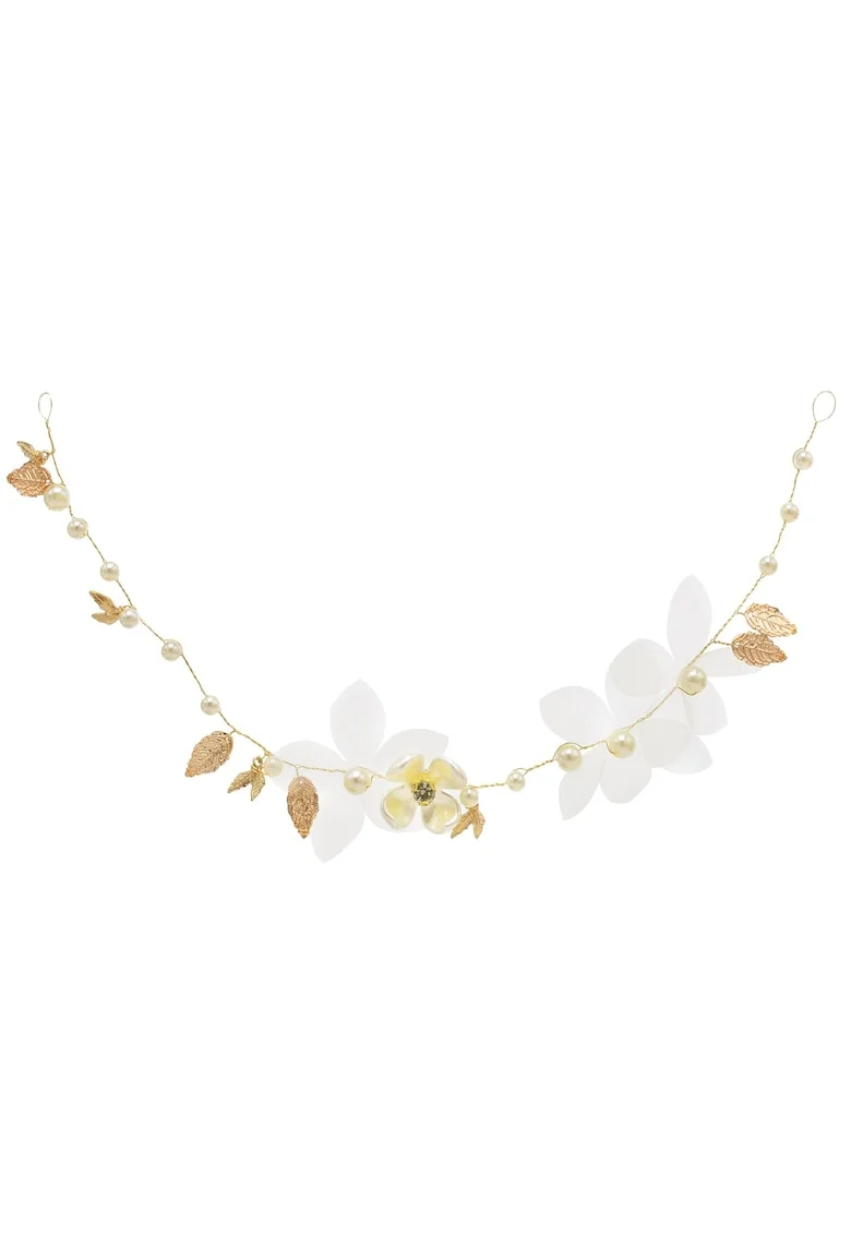Accesoriu de par, auriu, cu flori albe si perle, Rahab C7,
