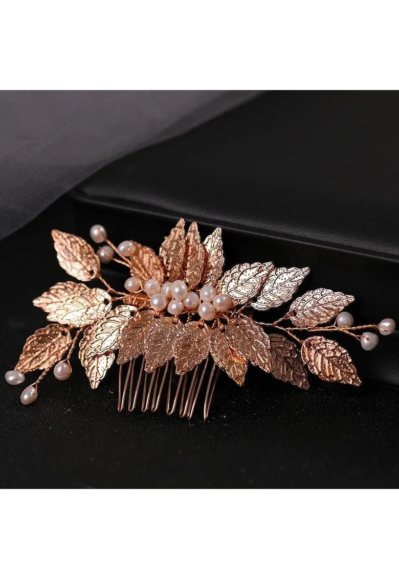Accesoriu de par, auriu, cu frunzulite si perle, Estrid C10,