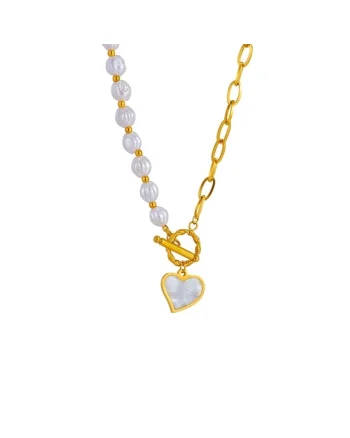 Colier auriu, suflat cu aur 18k, cu perle si pandantiv in forma de inima, Denys C6,